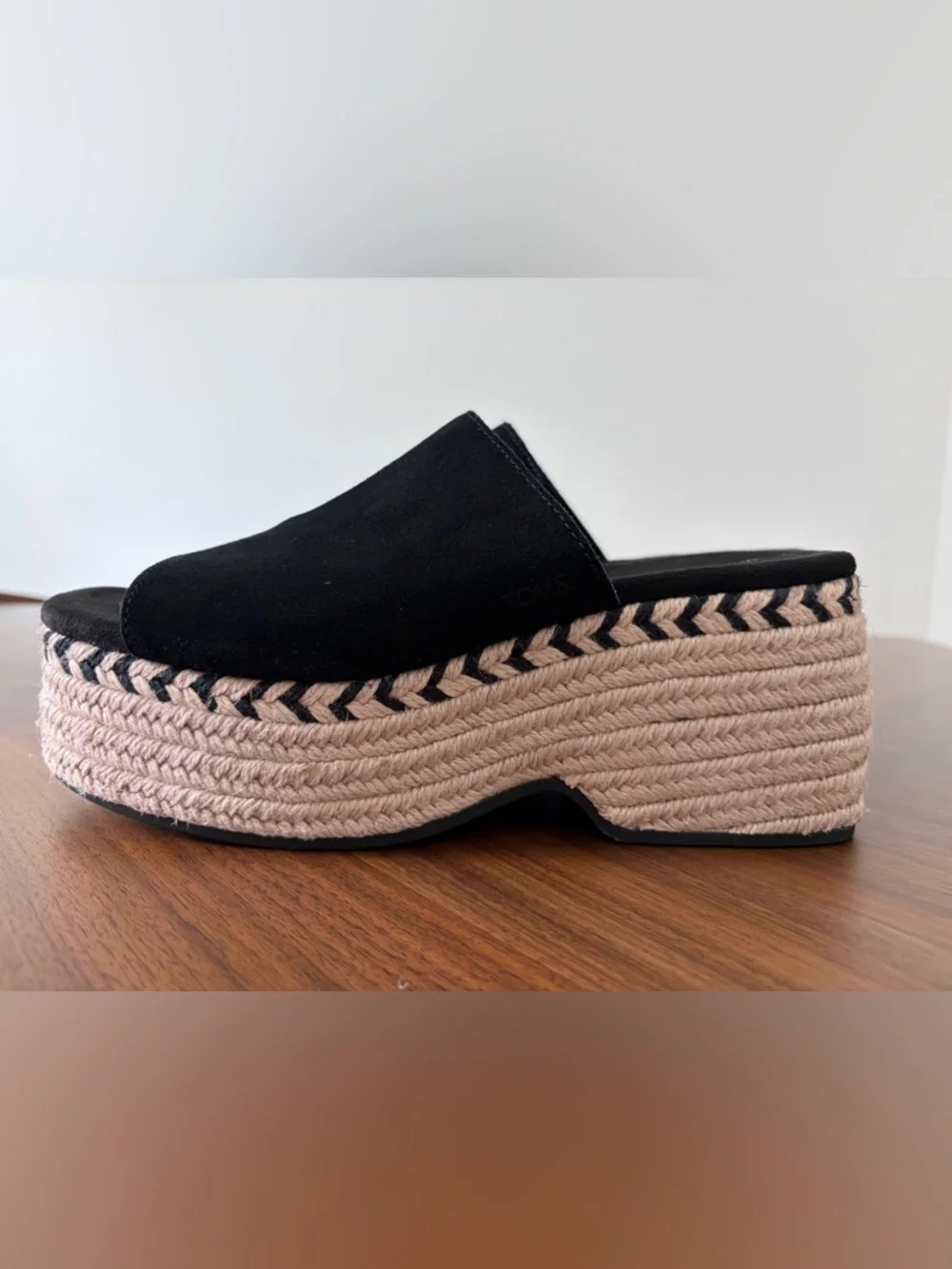 TOMS Black Suede Espadrille Platform Mule Sandals Womens US 8.5 Chunky Slides